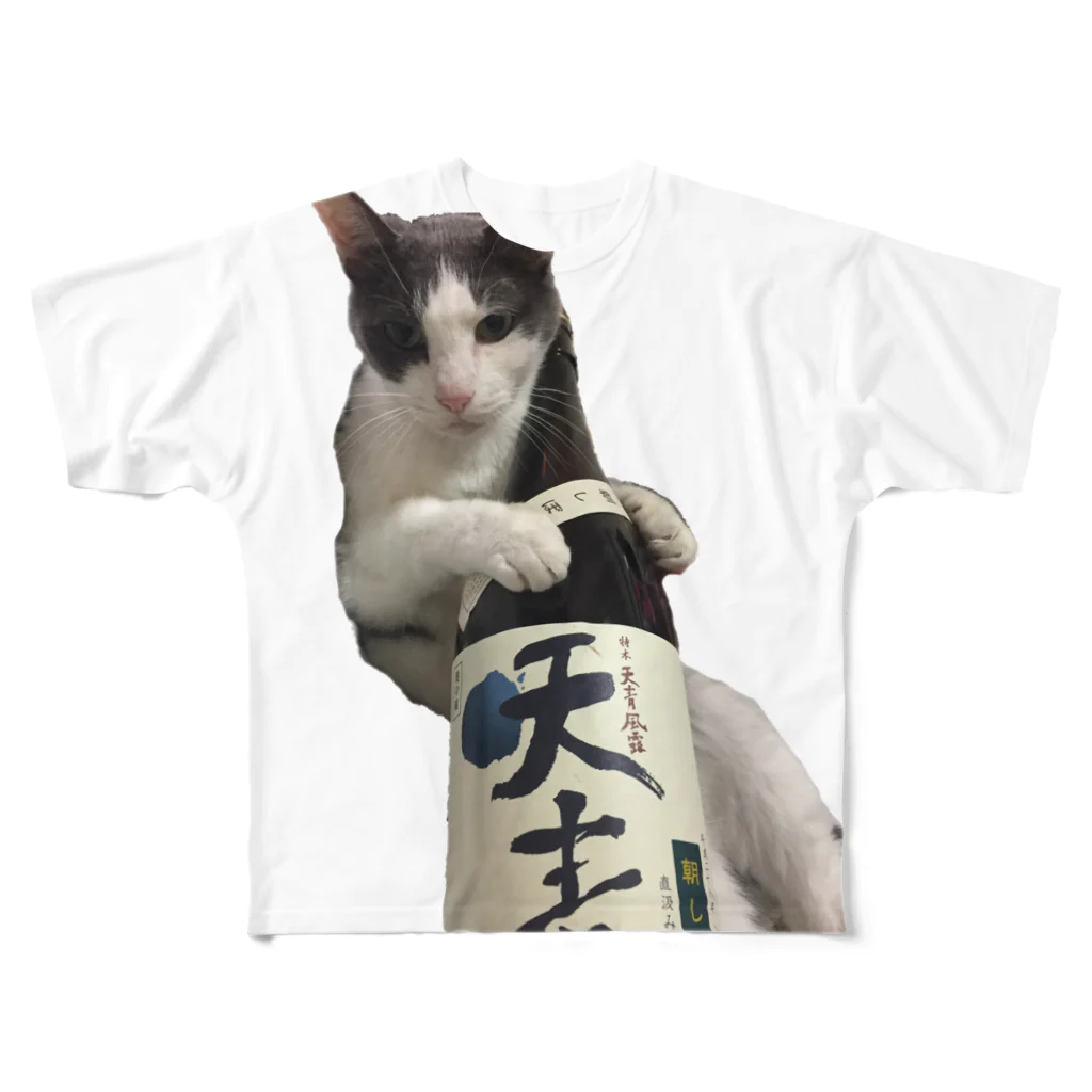 ポポのオフィシャルグッズショップ(SUZURI支店)の酒ねこTシャツ(晴青) All-Over Print T-Shirt