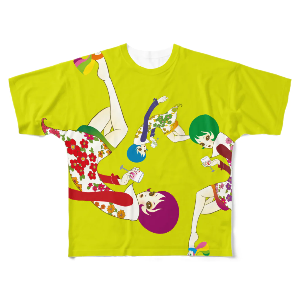 レトロイドの花とワインの女 All-Over Print T-Shirt