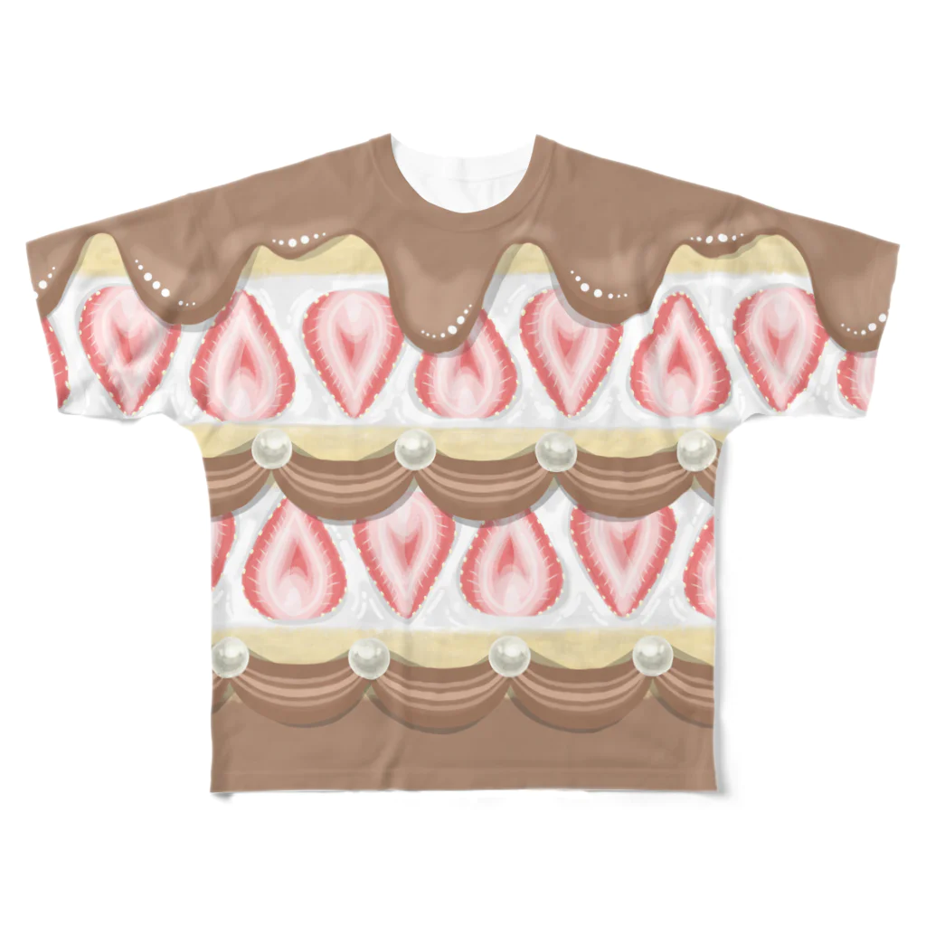 ♡natuu♡の*♡いちごケーキTシャツ♡*(ダークブラウン) フルグラフィックTシャツ