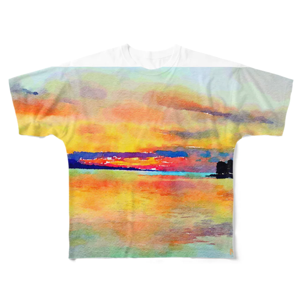 nyahoの宍道湖の夕日 水彩 フルグラフィックTシャツ