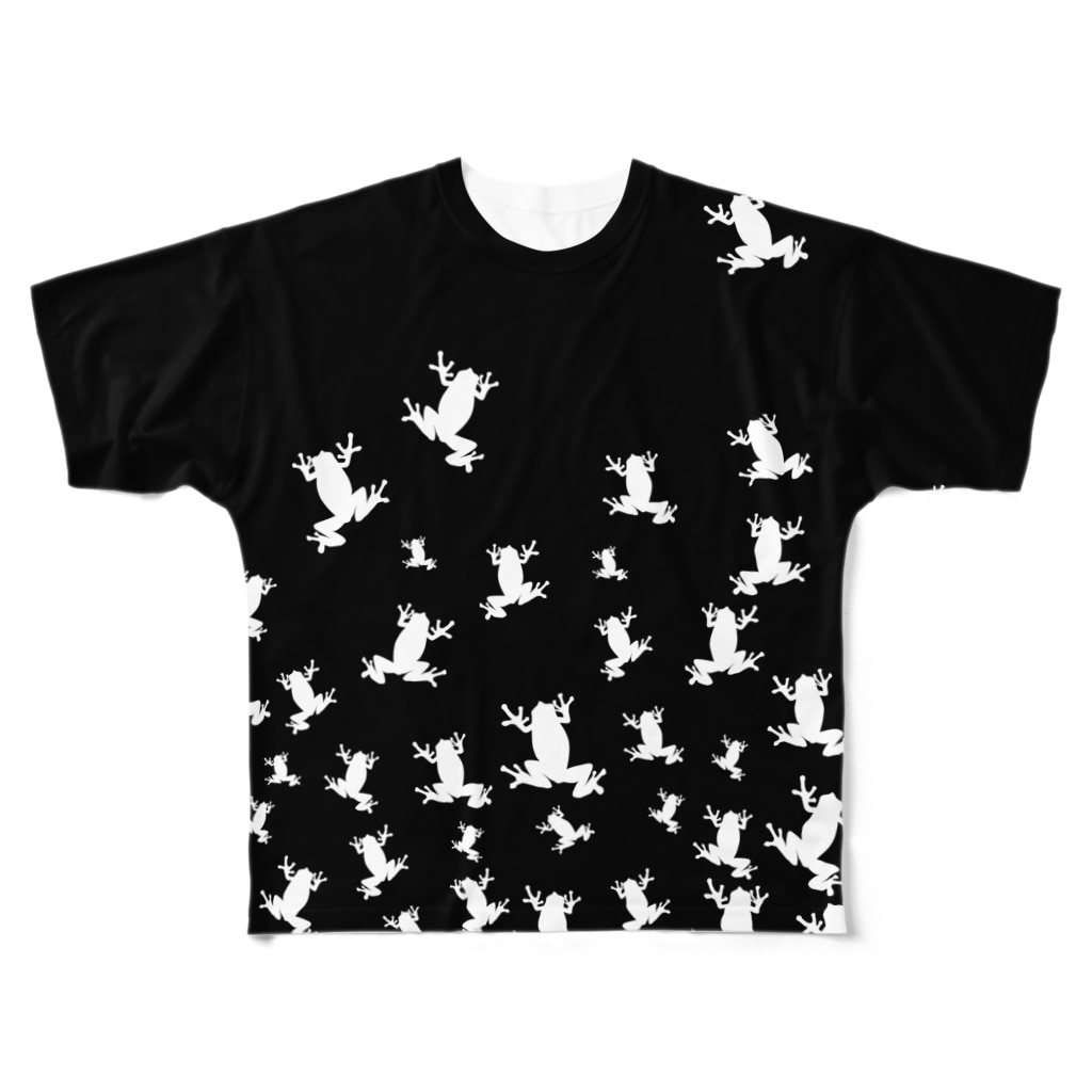 chicodeza by suzuriのカエル柄ブラックTシャツ All-Over Print T-Shirt