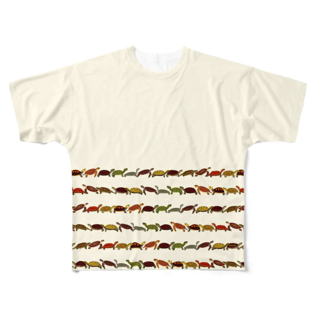 みのじの日本の亀ボーダー フルグラフィックTシャツ
