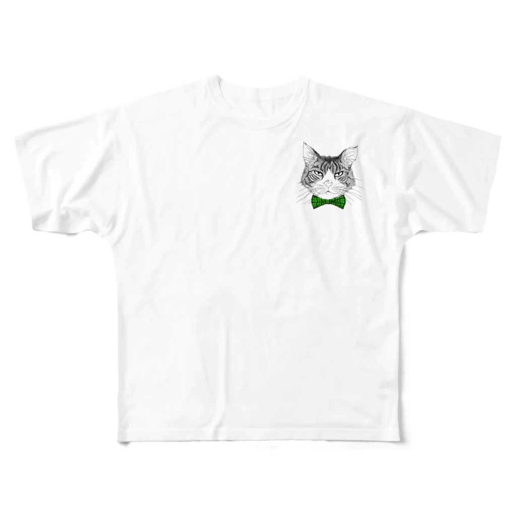 はねまる ショップのCharlie the  Cat(緑リボン) All-Over Print T-Shirt