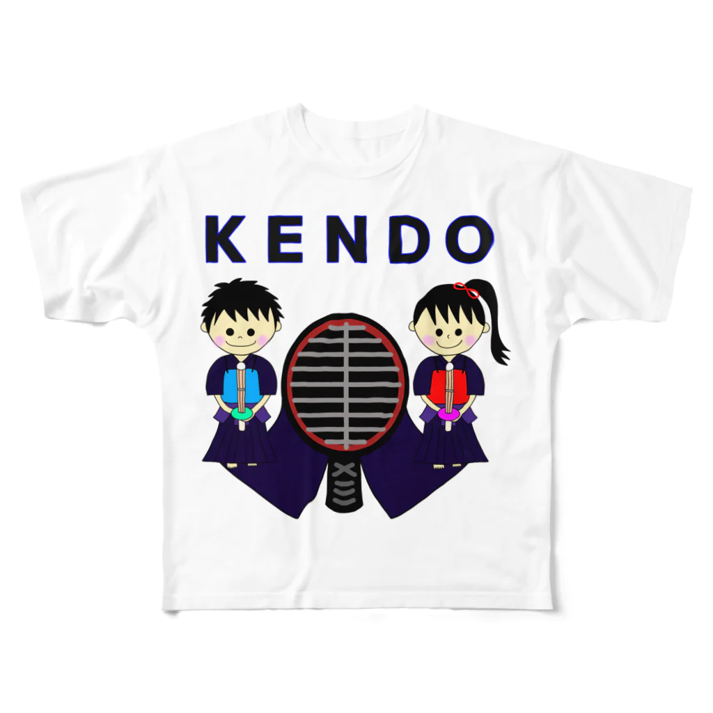 yoshiFactoryの剣道“ＫＥＮＤＯ”男子女子トンボ(ブルー) フルグラフィックTシャツ