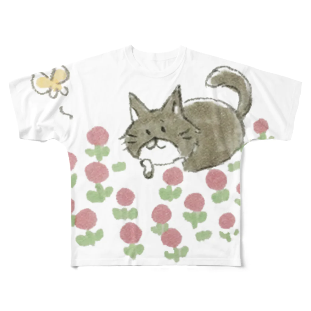 のらりくらり堂の花畑にゃんこ フルグラフィックTシャツ