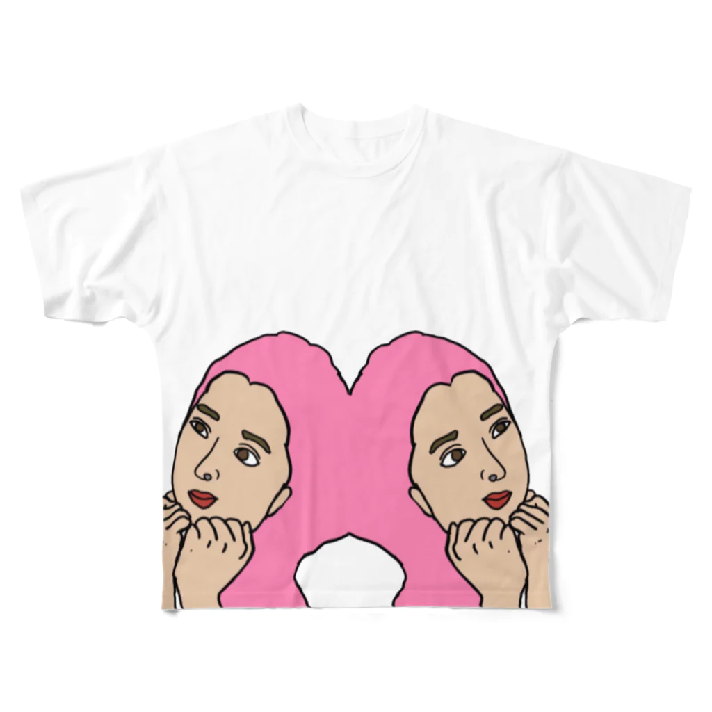 ikimonoのピンクの髪の女 フルグラフィックTシャツ
