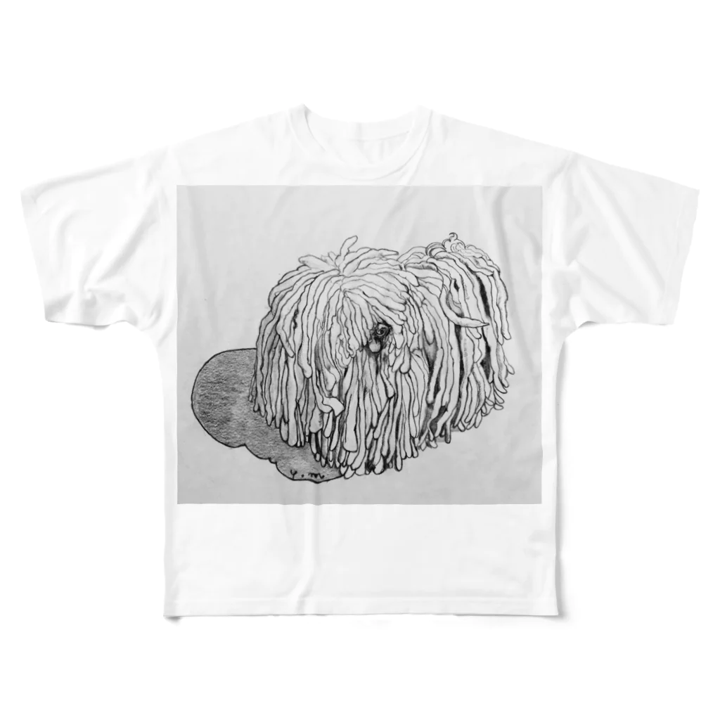 光平洋子のかしこいプーリー犬が振り向いた。puli illustration  フルグラフィックTシャツ