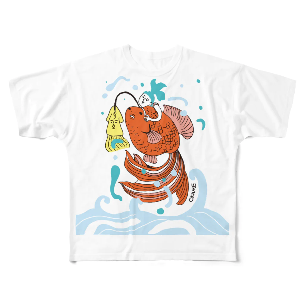 OKAMEの跳ね金魚 フルグラフィックTシャツ