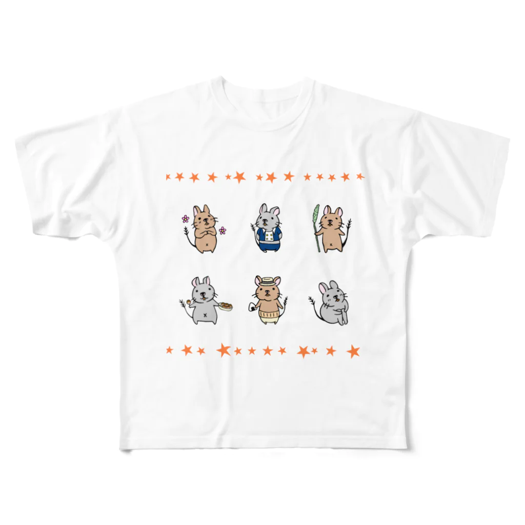 ぼたもちFactoryの6匹のデグー(ライン:オレンジ色) All-Over Print T-Shirt