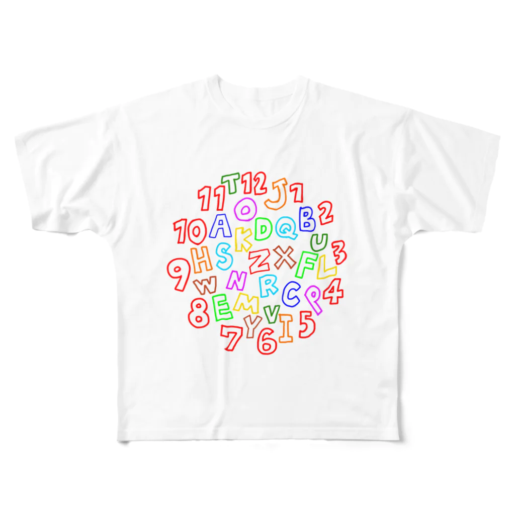 和玄堂suzuri店のカラフルな数字とアルファベット All-Over Print T-Shirt