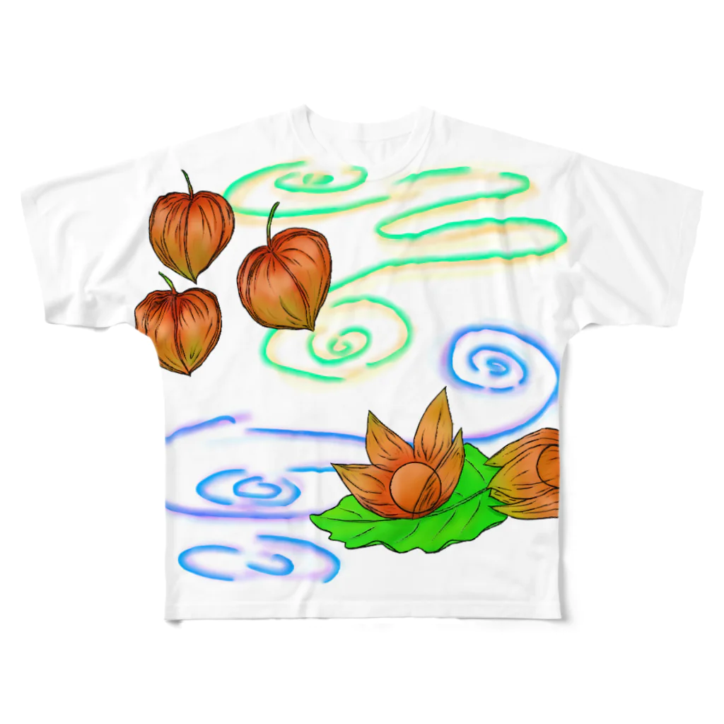 Lily bird（リリーバード）のホオズキ 水紋背景（和柄） フルグラフィックTシャツ