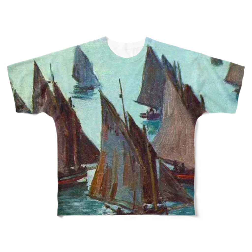 Art Baseのクロード・モネ/ 1868 / Fishing Boats, Calm Sea All-Over Print T-Shirt