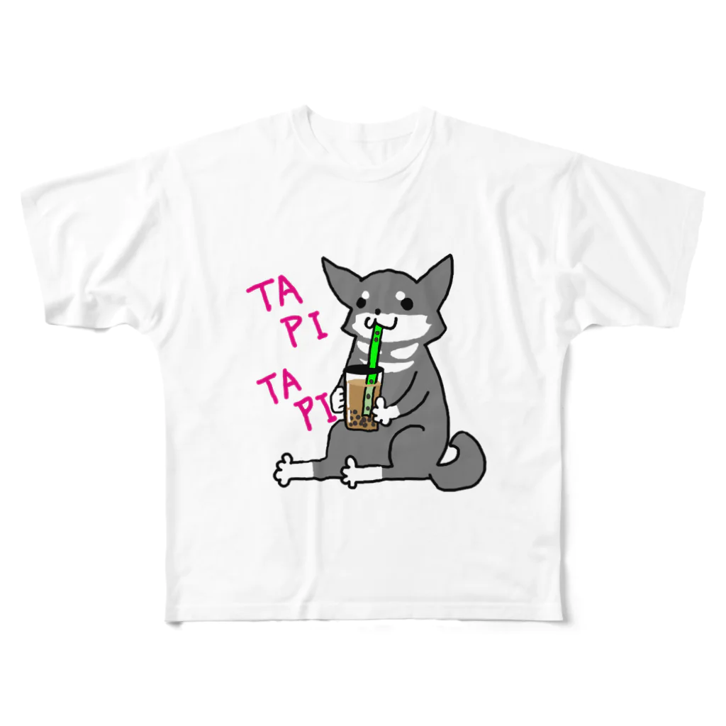 あずき母のタピタピ柴さん（黒柴） フルグラフィックTシャツ