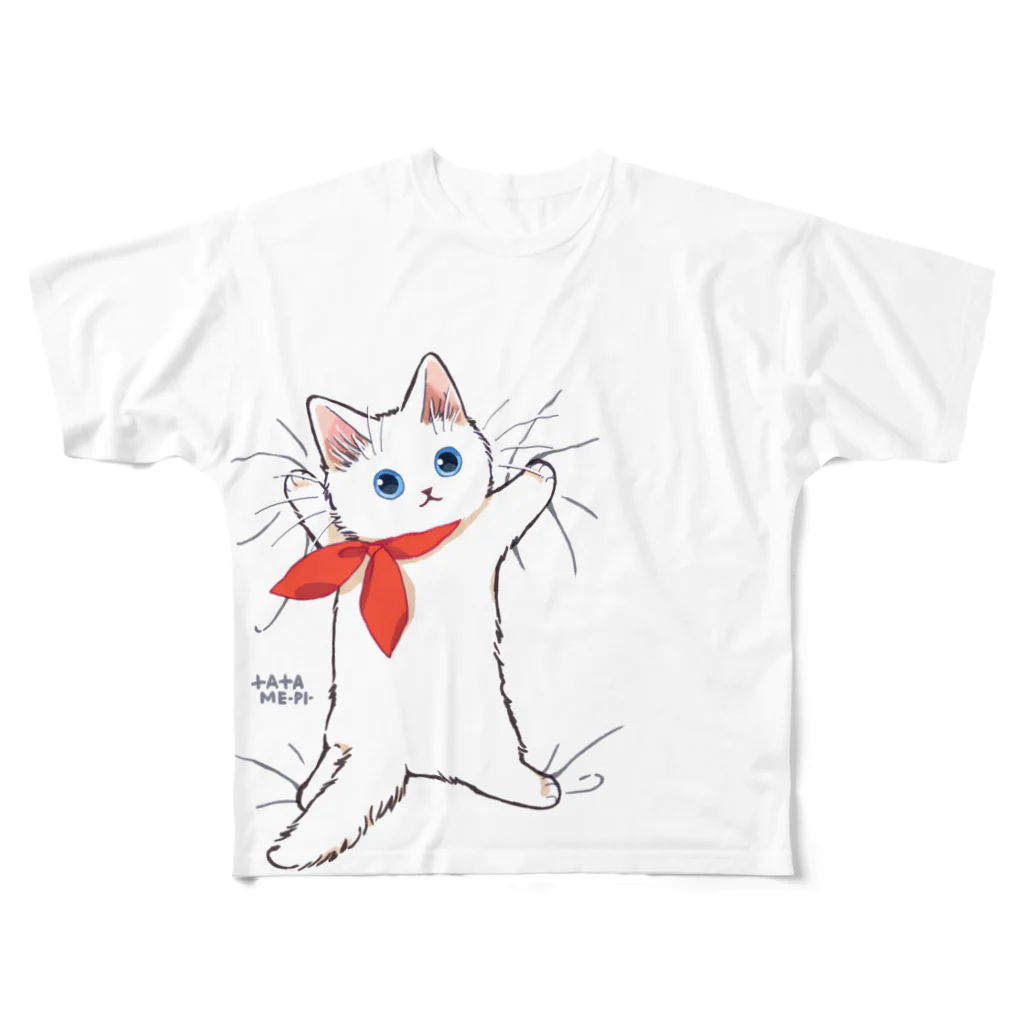 たたメーピーのたたメーピー 〈くっつきにゃん/白〉 All-Over Print T-Shirt