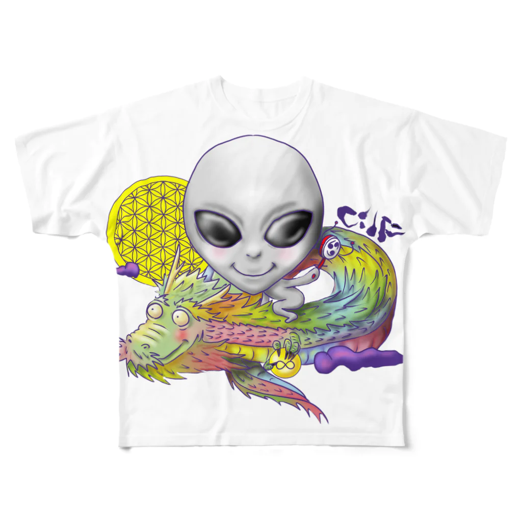 都市伝説屋cilF✴︎シルフの宇宙人×虹龍 フルグラフィックTシャツ