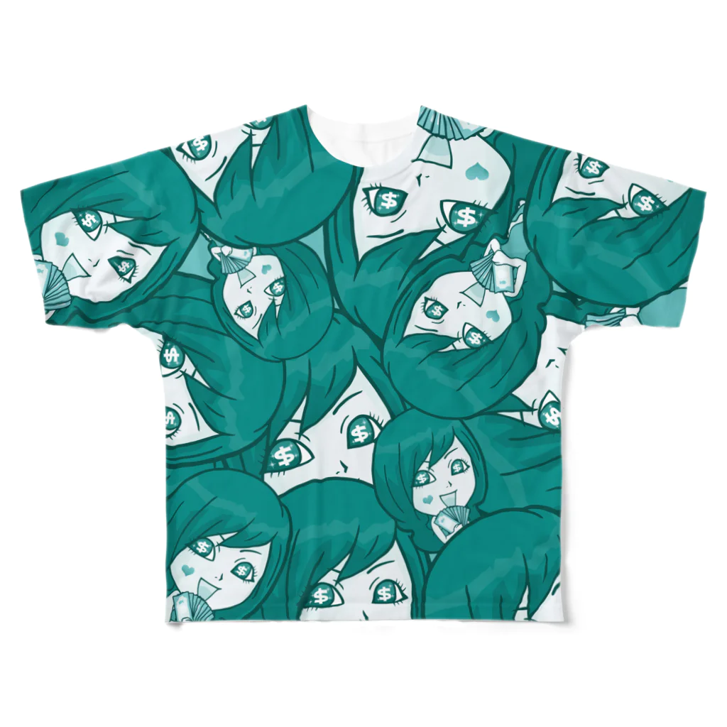バニラde高収入ショップ［SUZURI店］の【両面フルグラ】Psyche♥VANIKO（GREEN） All-Over Print T-Shirt