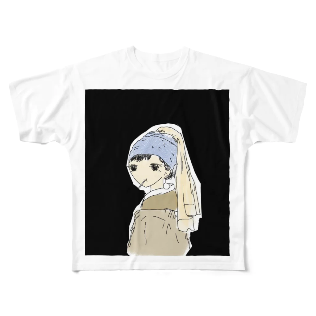 ᴺᴬᴺᴬ.ᶜᵒᵐの真珠の耳飾りの飴頬張ってる少女 フルグラフィックTシャツ