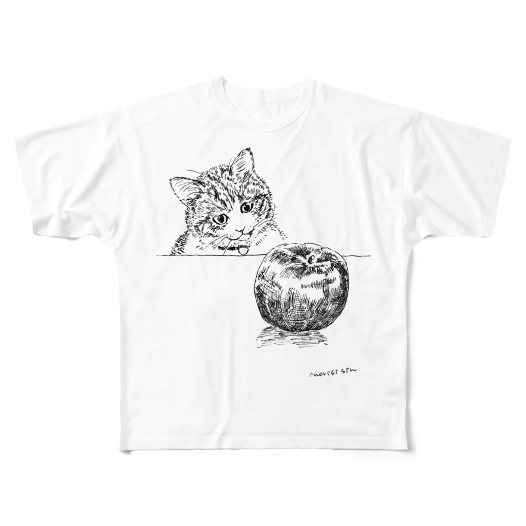 イノリシ　シンの猫とりんご フルグラフィックTシャツ