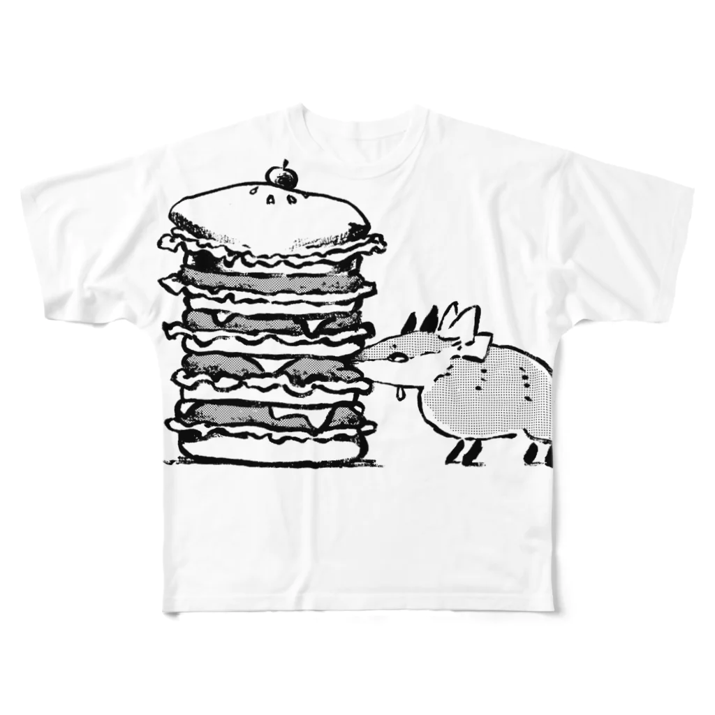 pukupekoのハンバーガー大好き！腹ペコきつね フルグラフィックTシャツ