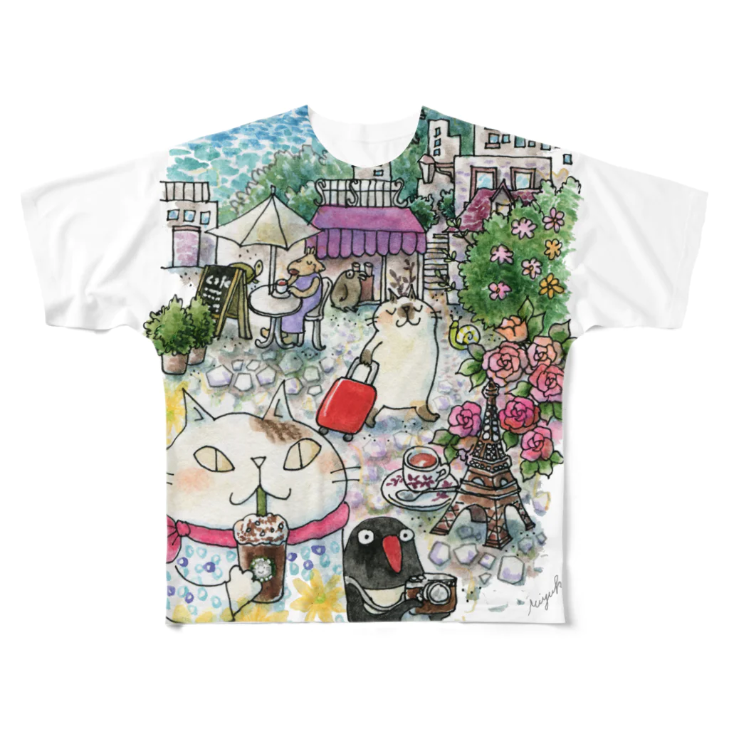 吉沢深雪の猫とペンギンと旅気分 フルグラフィックTシャツ
