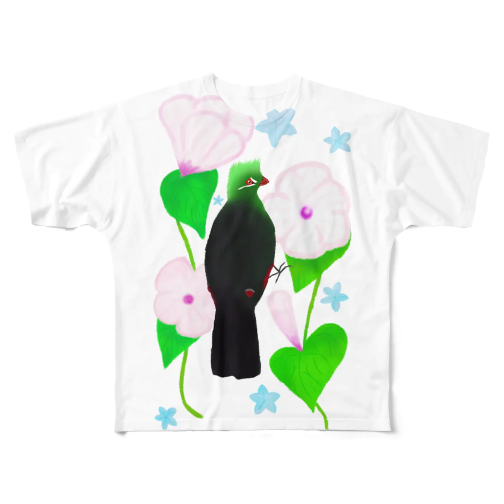 Lily bird（リリーバード）の見返り美鳥（ギニアエボシドリ）と花① フルグラフィックTシャツ