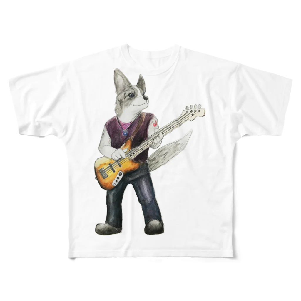 ムシコ・アニマルズ Musico Animalsのベースコーギー（ブルーマール） フルグラフィックTシャツ