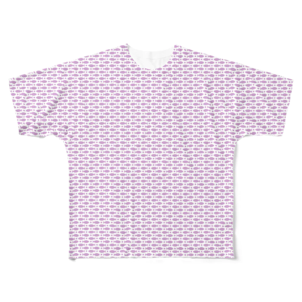 のびネコとおさかなのお店のみっちりおさかな ダスティピンク フルグラフィックTシャツ