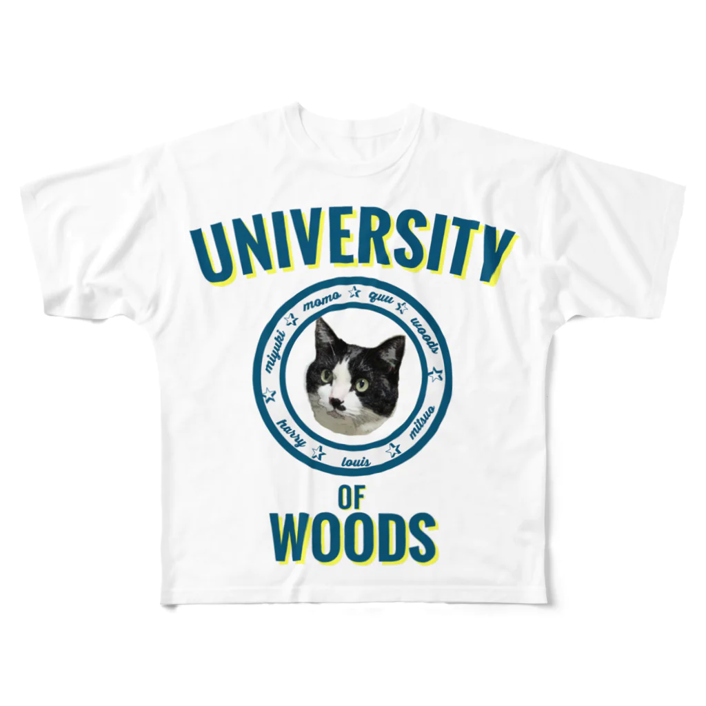 おだちゃんと7匹の猫たちのWOODS UNIVERSITY All-Over Print T-Shirt