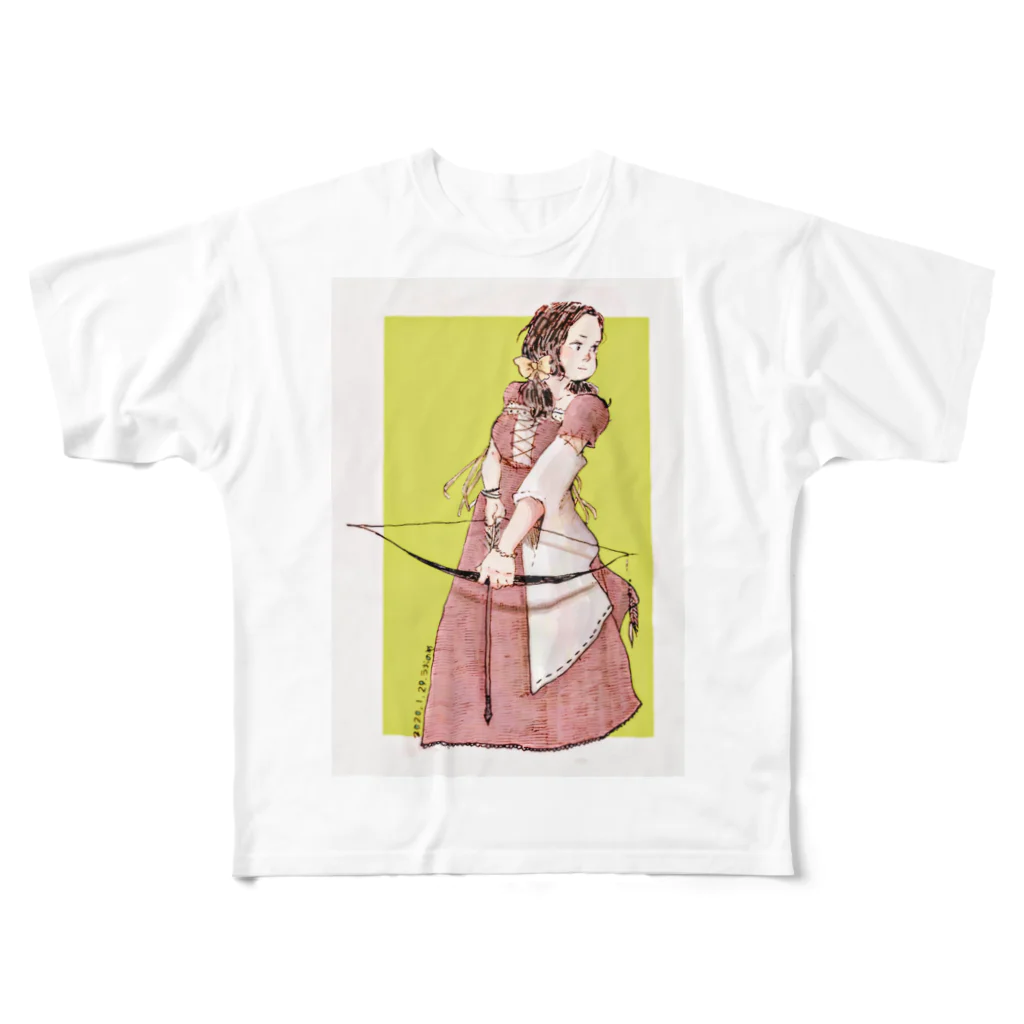 魚の目／illustrationの弓を射る少女 フルグラフィックTシャツ