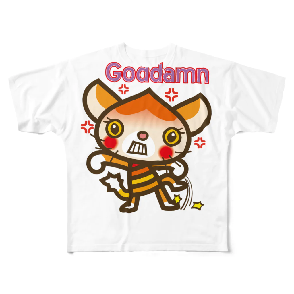 ザ・ワタナバッフルのマロンヘッドのネコ”ガッデム/Goddamn” フルグラフィックTシャツ