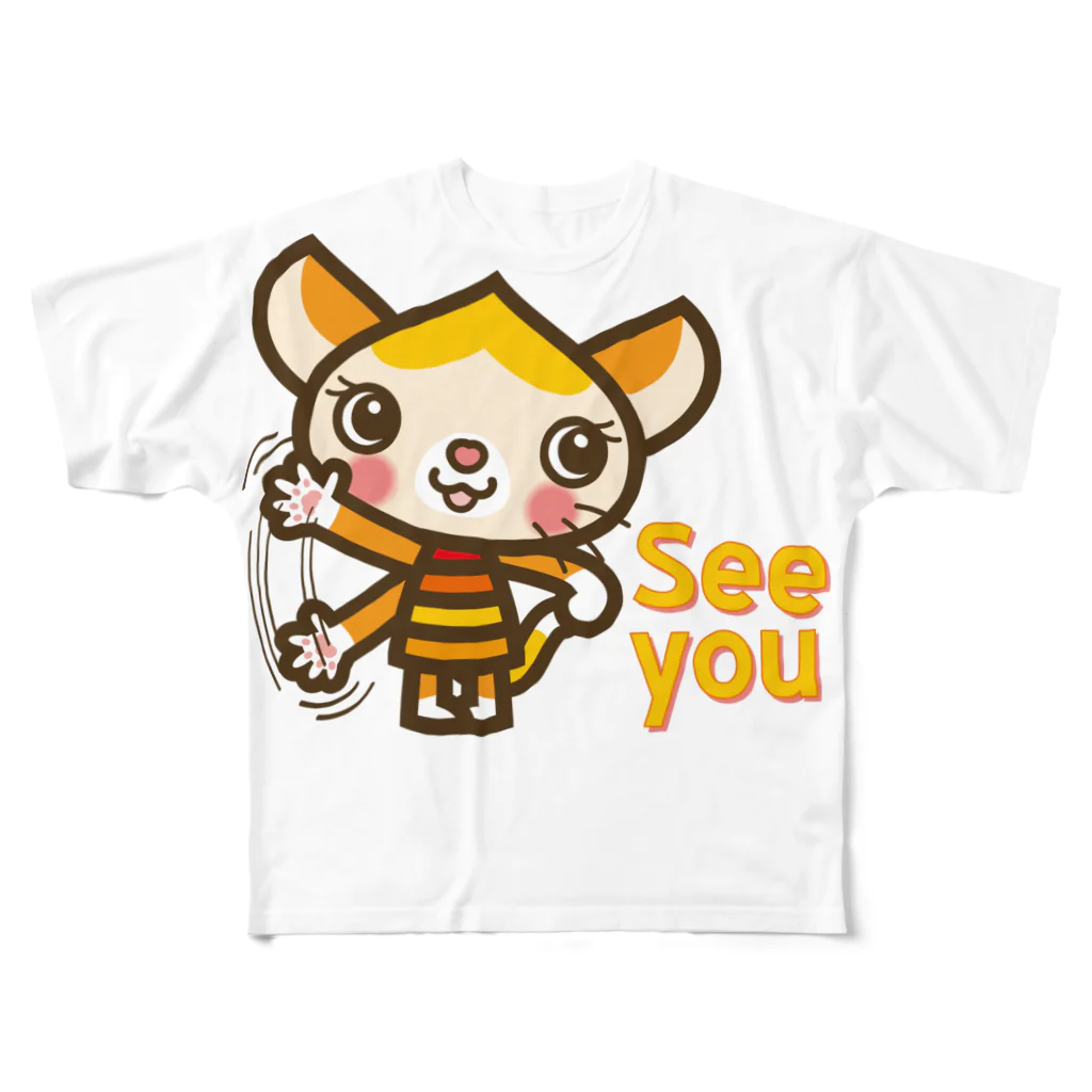 ザ・ワタナバッフルのマロンヘッドのネコ”see you” フルグラフィックTシャツ