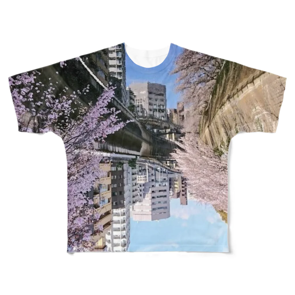 古春一生(Koharu Issey)の桜降る川空へ。 フルグラフィックTシャツ