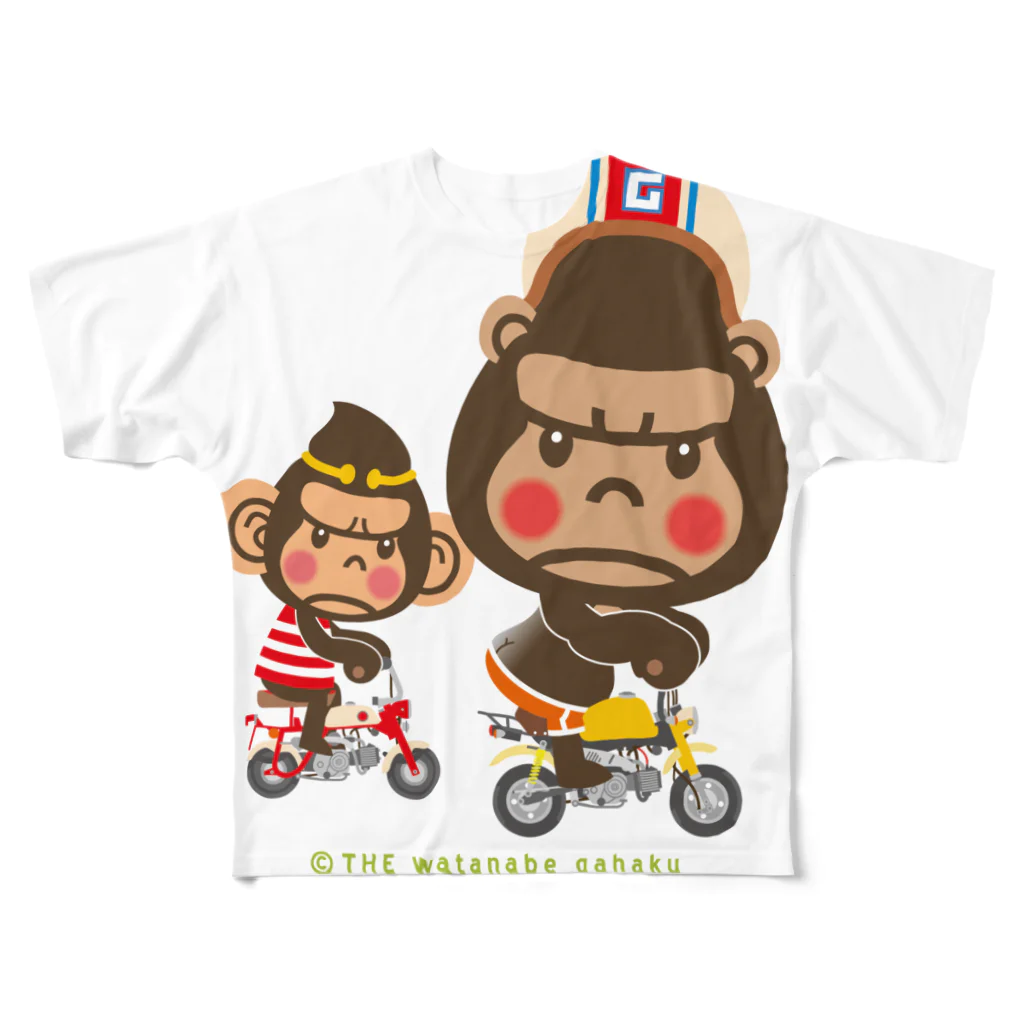 ザ・ワタナバッフルのぽっこりゴリラ"Motor cycle -  gorilla & monkey" フルグラフィックTシャツ