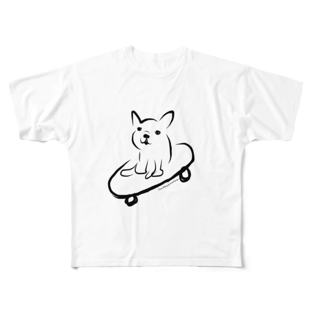 HER AND MARSHMALLOWのSkate boarder french bulldog 　スケボー　フレブル All-Over Print T-Shirt