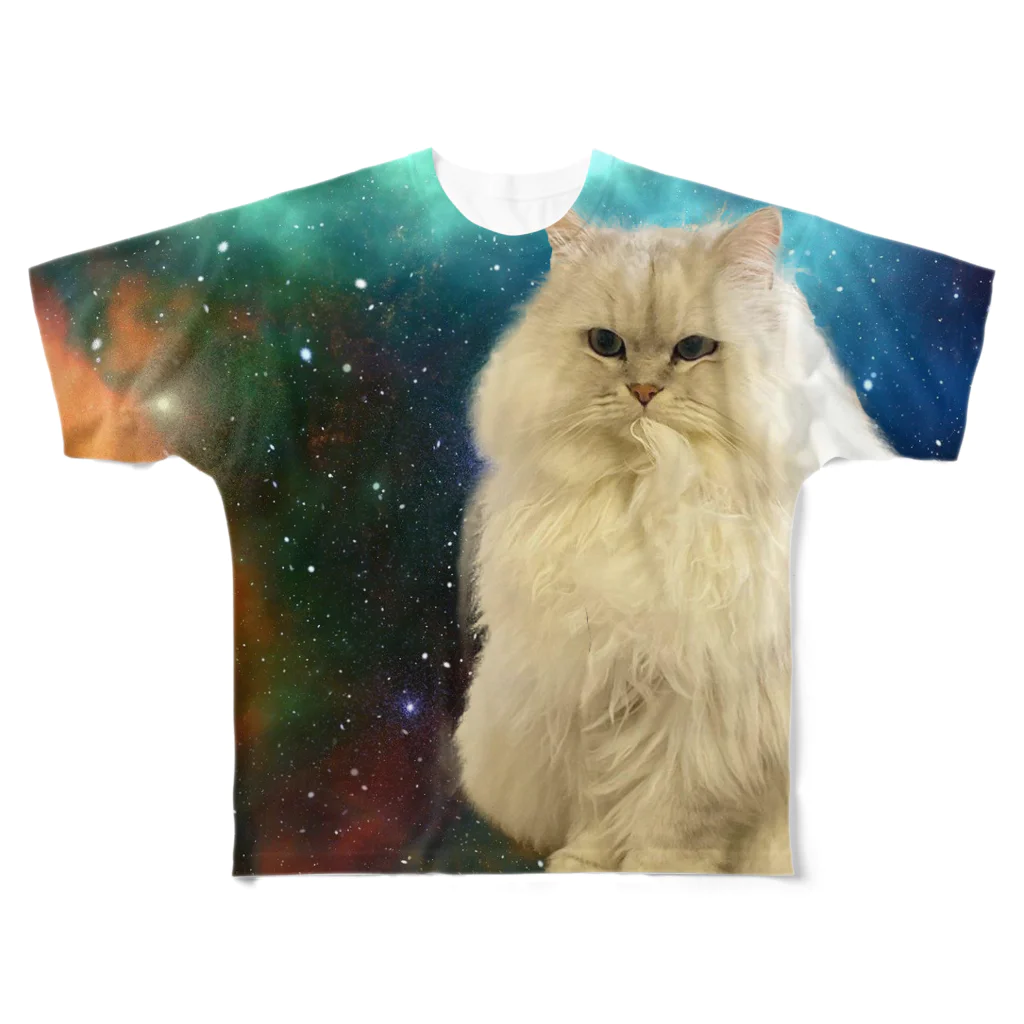 大変かわいらしい猫のグッズ屋さんの自分召し上がり猫 （宇宙） フルグラフィックTシャツ