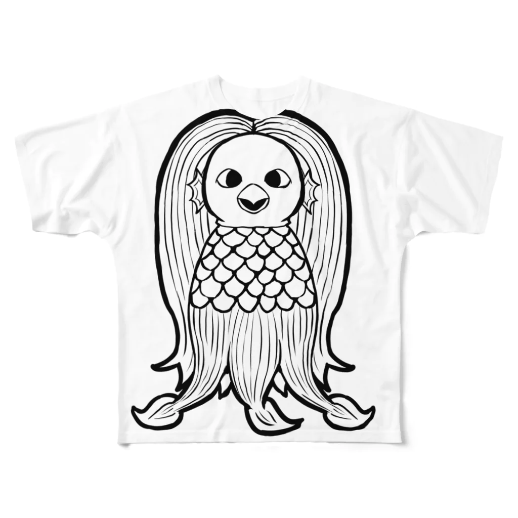 illust_designs_labの疫病退散 妖怪アマビエの画 正面 白黒 フルグラフィックTシャツ