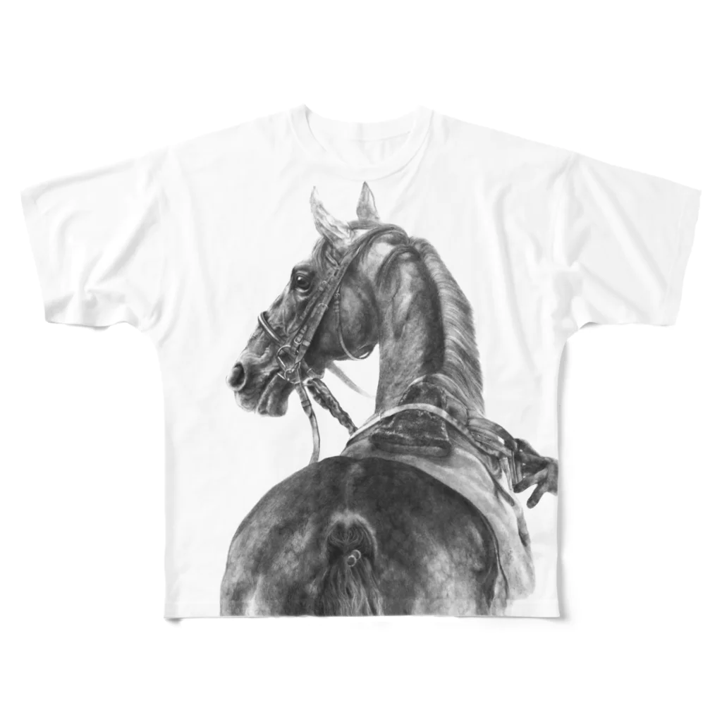 馬の絵の画家　斉藤いつみのサラブレッドの肖像Tシャツ（ブラック） All-Over Print T-Shirt