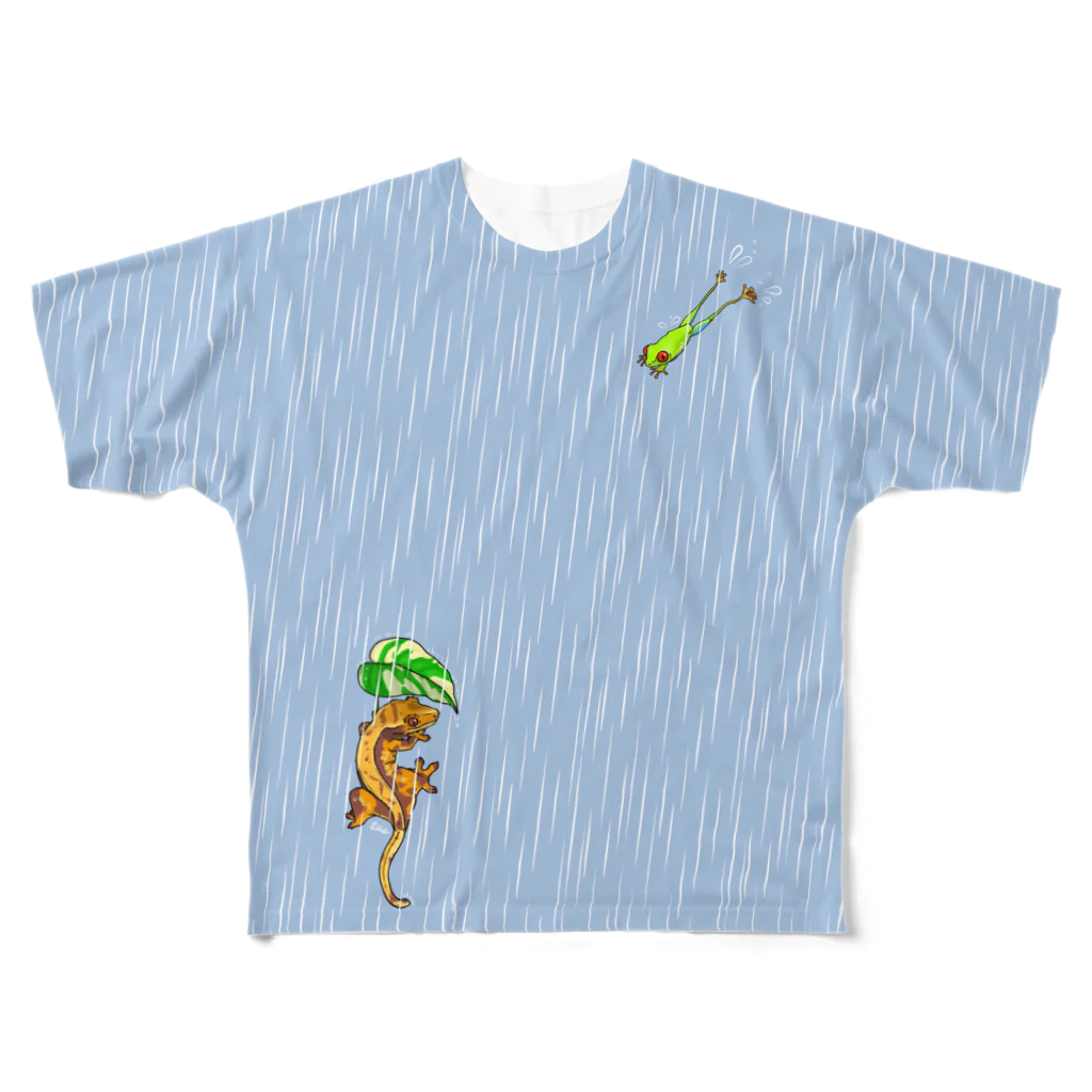 檸檬飴の雨の日のアカメアマガエルとクレステッドゲッコー（ピンストライプ） フルグラフィックTシャツ