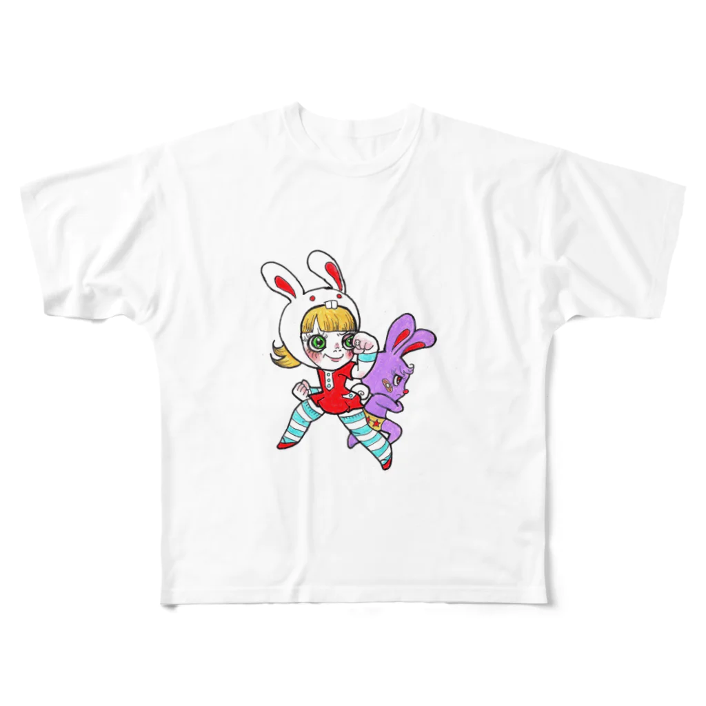 あめりのうさぎ小屋のたたかう！Ms.Bunny Moogとさかなちゃん フルグラフィックTシャツ