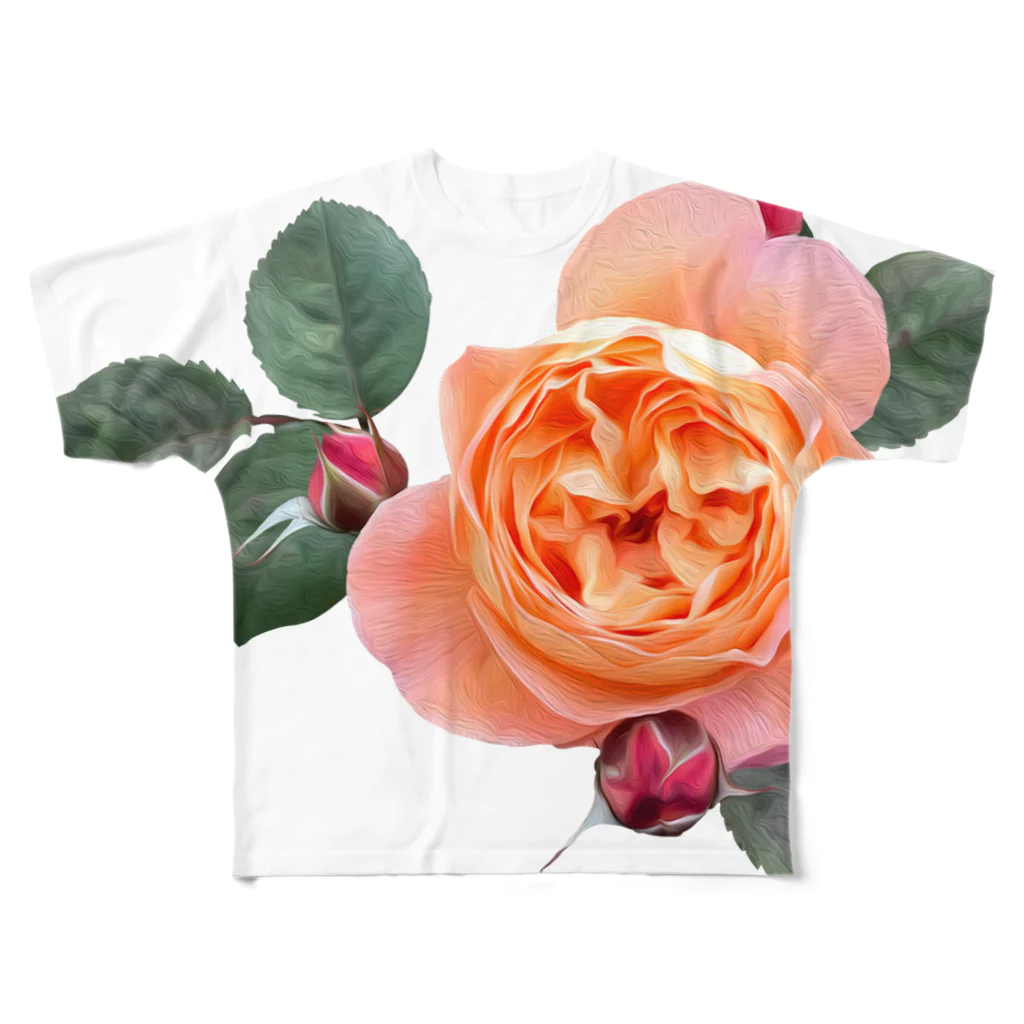 コマタヒチの【ロマン】蕾と葉のついたオレンジピンクの薔薇 フルグラフィックTシャツ