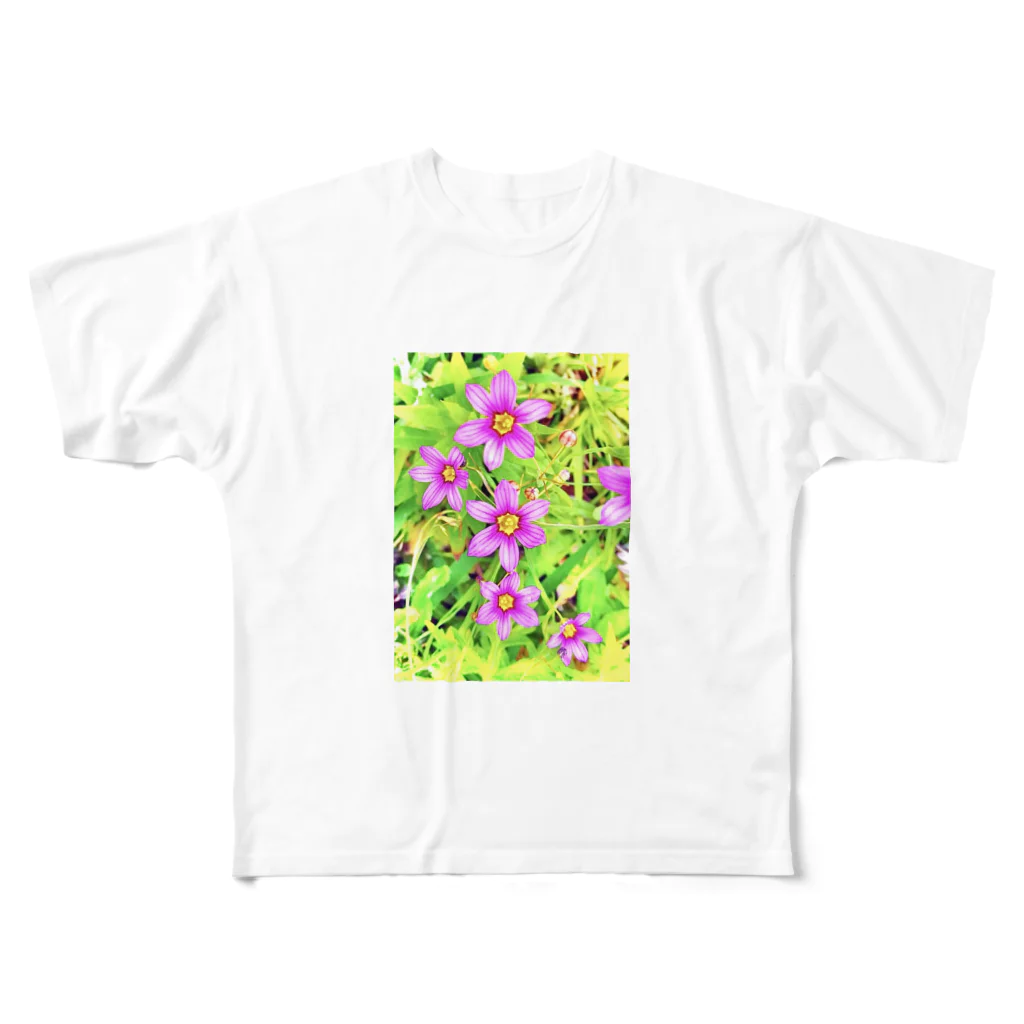 LalaHangeulの道端の花　ニワゼキショウ(カラフル) フルグラフィックTシャツ