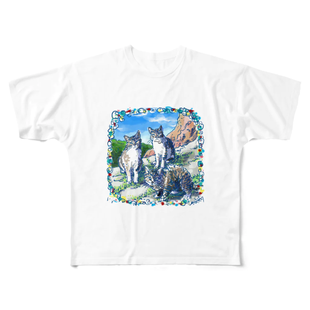 Atelir SOLEILのミコノス島の山登り猫 All-Over Print T-Shirt