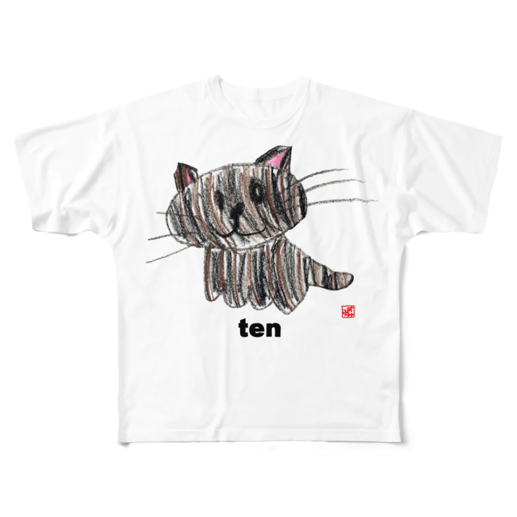 わらしな山猫堂のテン猫クレヨンイラストS フルグラフィックTシャツ