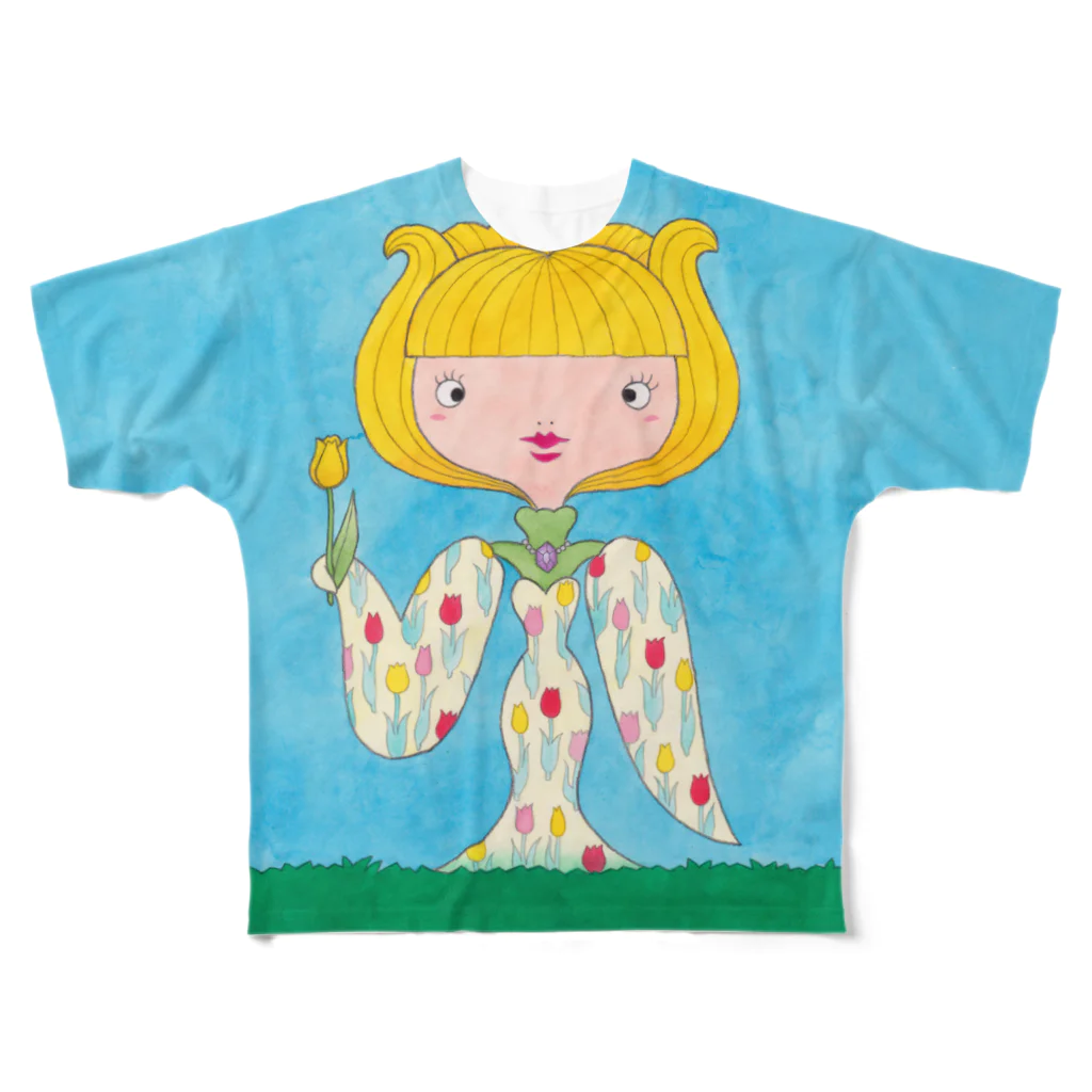 雑貨屋ヨコイマウの花子と根子（はなことねっこ）／チューリップ All-Over Print T-Shirt