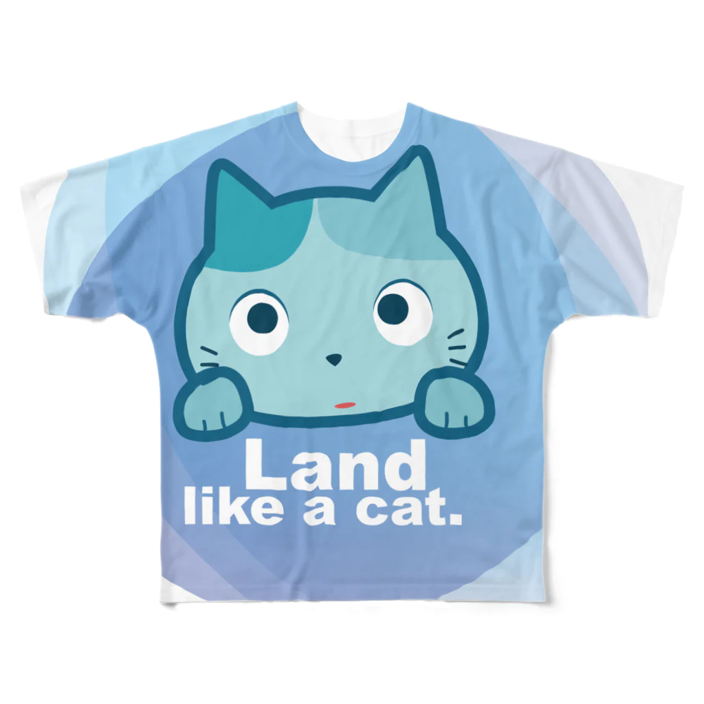 夙川育ち＠ネットショップのLand like a cat blue　〜　夙川育ち All-Over Print T-Shirt