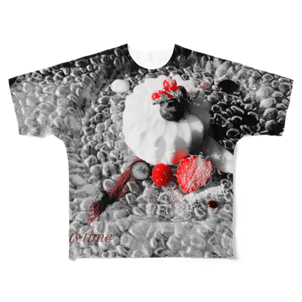 なでしこ@デザインのモノクロ×赤い果実 フルグラフィックTシャツ