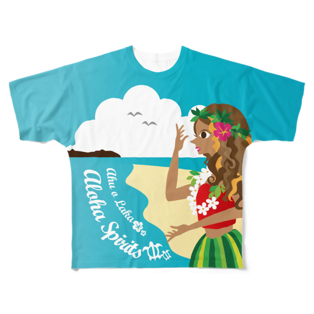 水色プリントのハワイ大好き！カネオヘのラカ フルグラフィックTシャツ