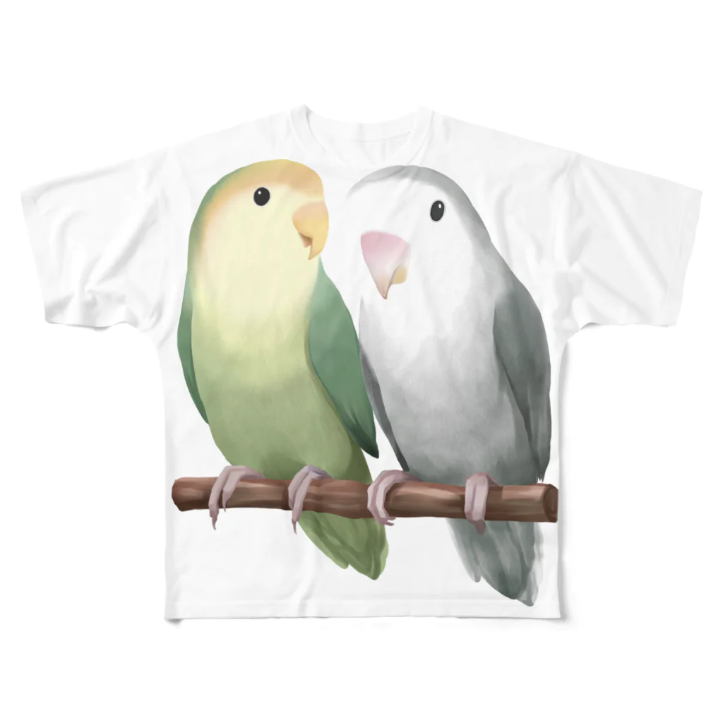 まめるりはことりのコザクラインコ　モーブとオリーブ【まめるりはことり】 All-Over Print T-Shirt