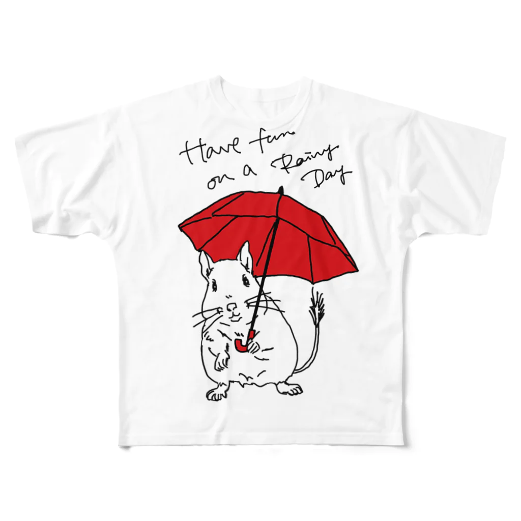 kanako-mikanのHave fun on a Rainy day (Red Umbrella) フルグラフィックTシャツ