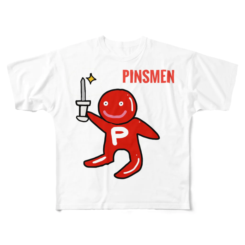 岡本なう - okamoto now -のピンズMen（ぴんずめん・PinsMen） All-Over Print T-Shirt